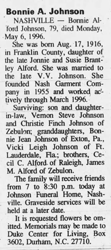 Obituary for Bonnie Alford Johnson, 1916-1996 (Aged 79) - 