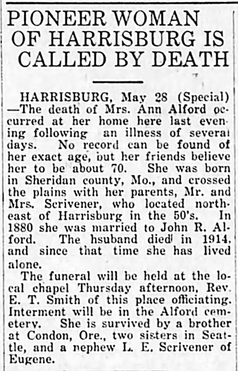 Ann Scrivener
Albany Democrat (Albany, Oregon)
Thursday, 5 June 1924 - 