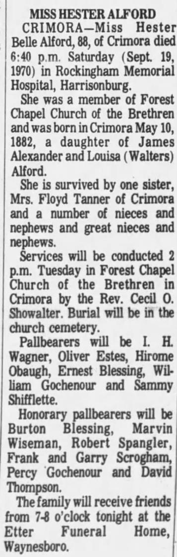 Obituary for Hester Belle ALFORD, 1882-1970 (Aged 88) - 