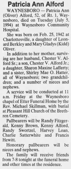 Obituary for Patricia Ann Alford, 1942-1994 (Aged 52) - 