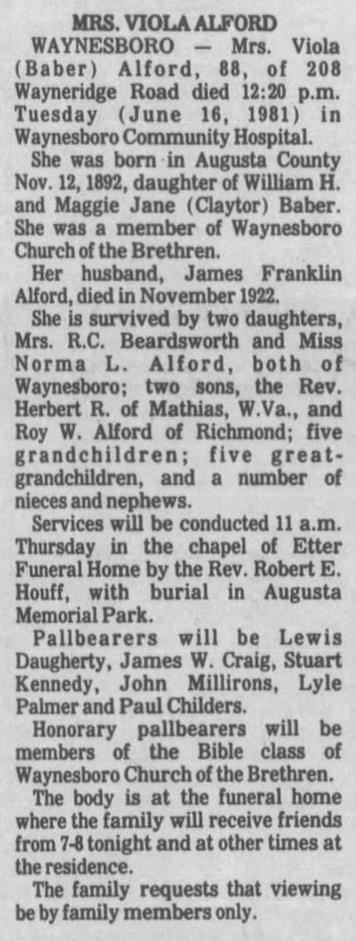 Obituary for VIOLA ALFORD, 1892-1981 (Aged 88) - 